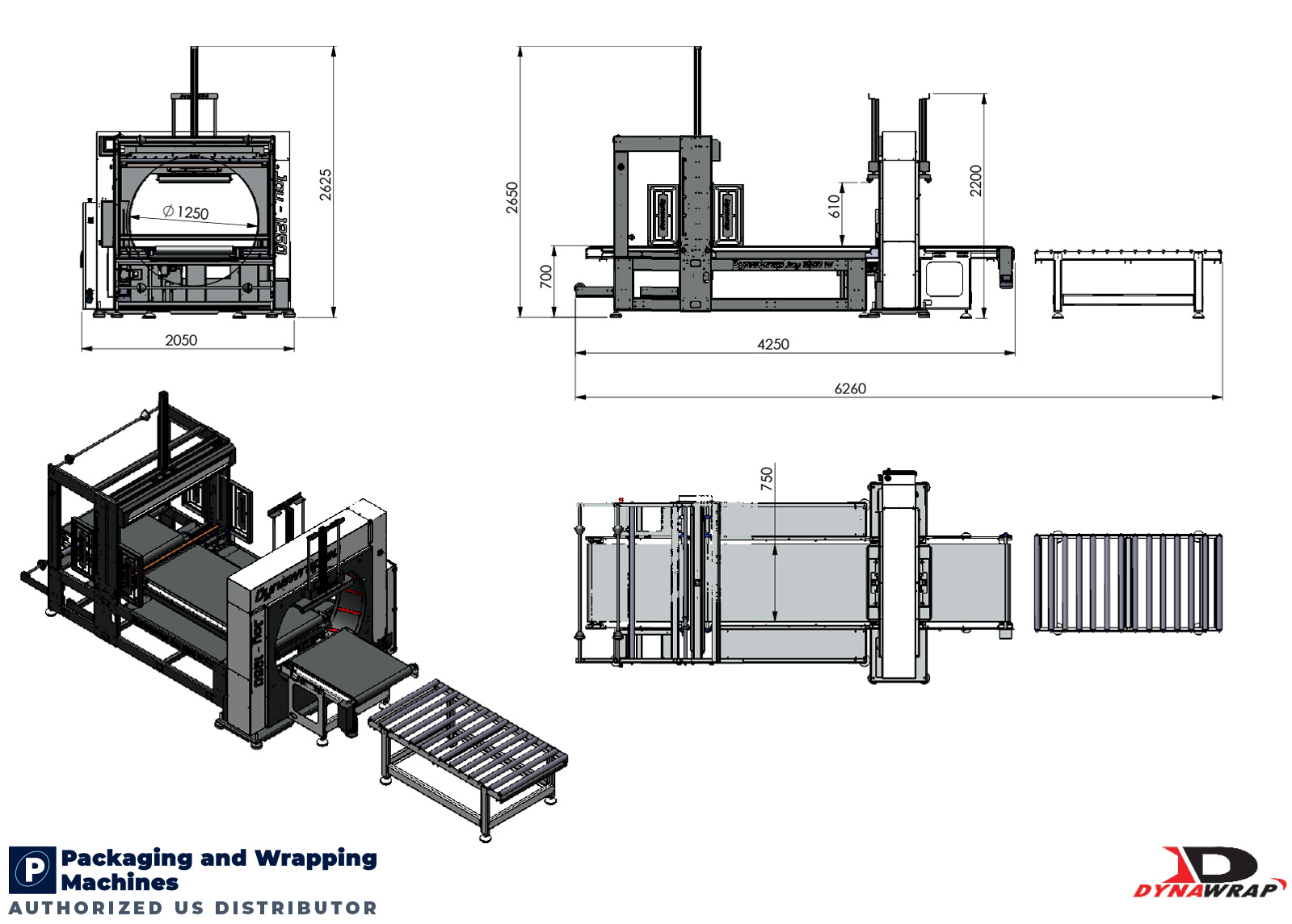 Dynawrap Joy 1250W Hybrid Orbital Wrapping Machine Dimensional Footprint showing 6260mm total length and extended outfeed conveyors