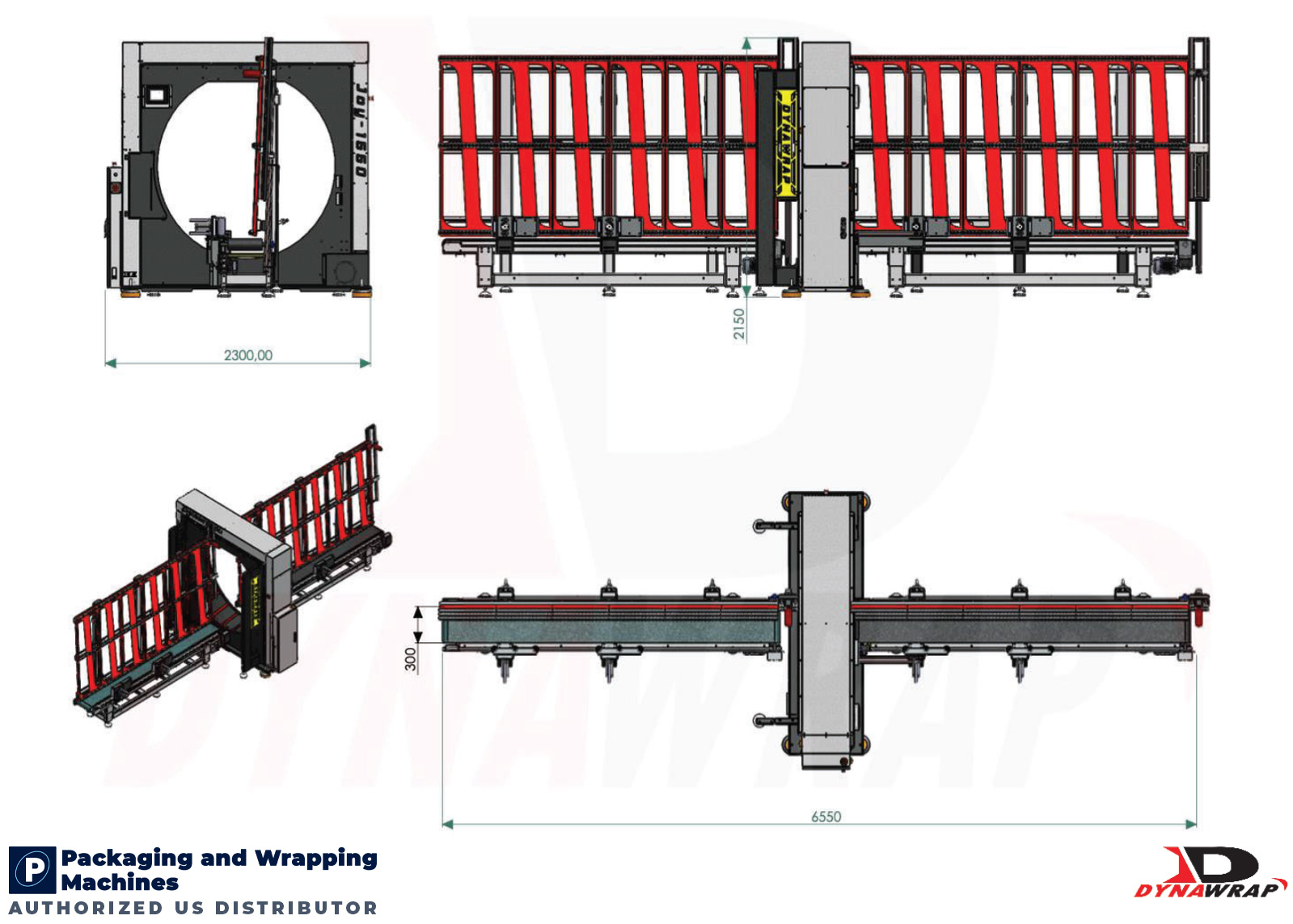Dynawrap Joy 1550 Ventana Dimensional Footprint Blueprint showing 300mm narrow track conveyor for doors and windows