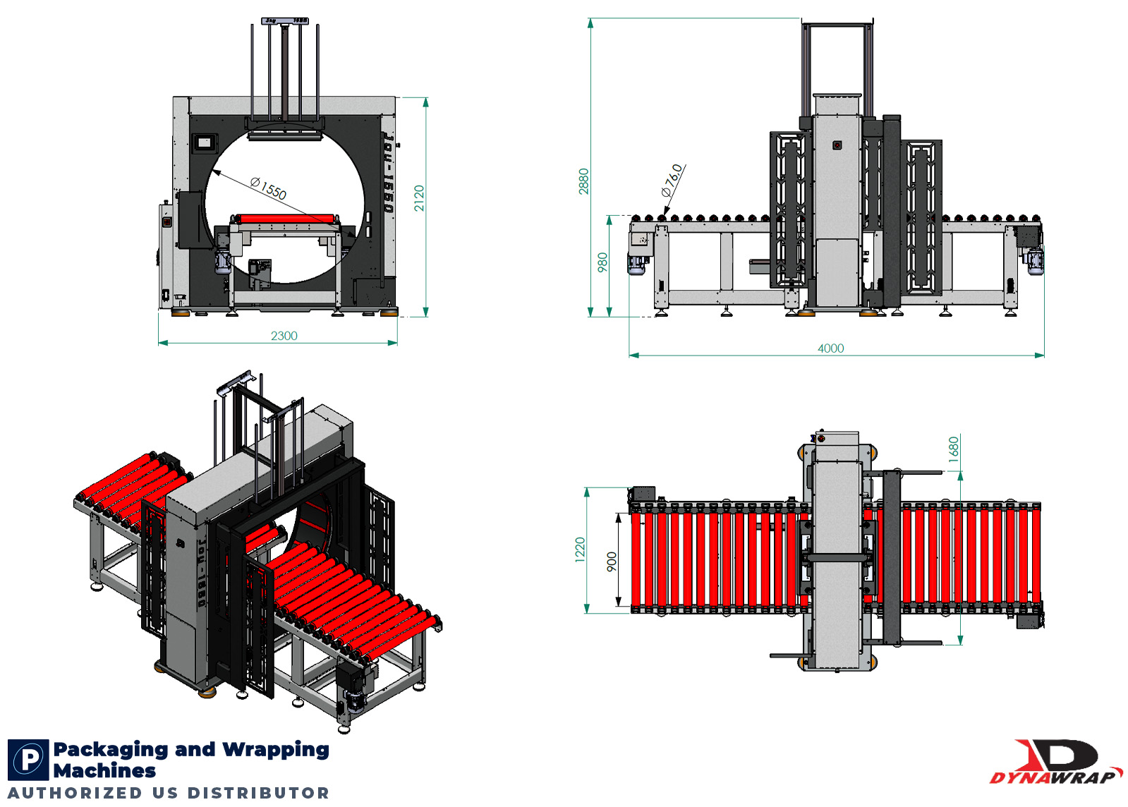 Dynawrap Joy 1550 Orbital Wrapping Machine Dimensional Footprint showing 4000mm total length and standard roller conveyors