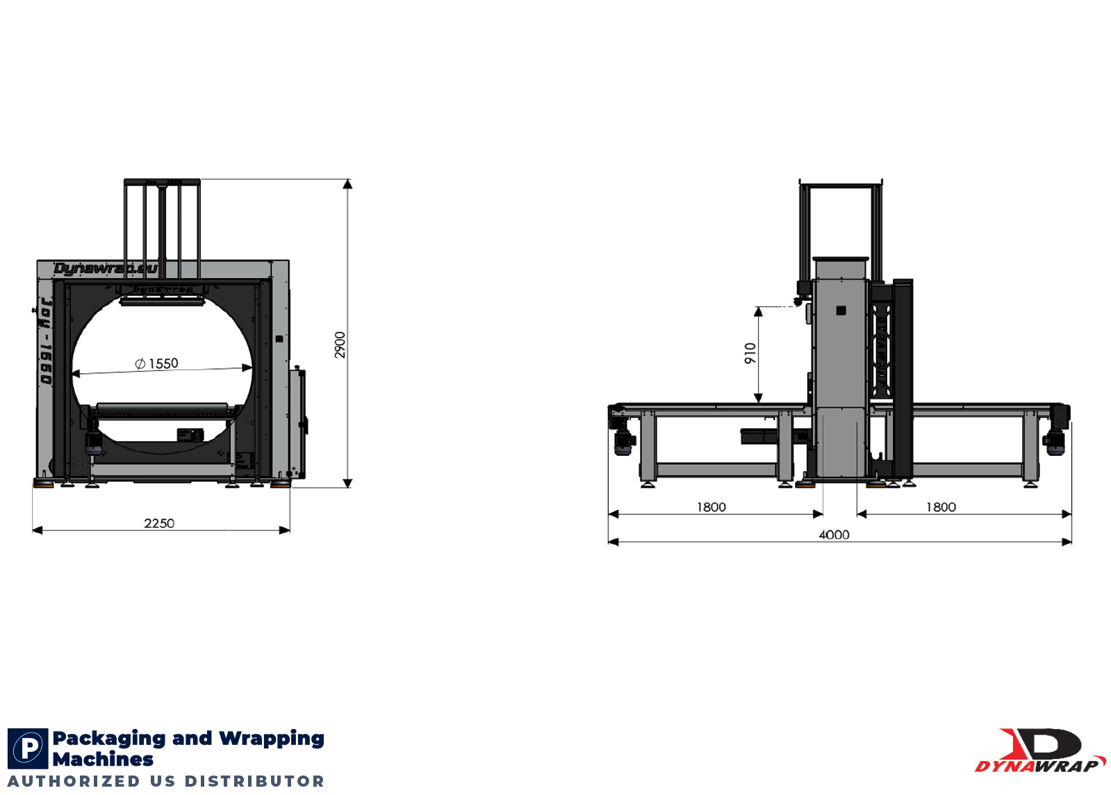 Dynawrap Joy 1550 Orbital Wrapping Machine Dimensional Footprint showing 4000mm total length with upgraded 1300mm wide motorized belt conveyors