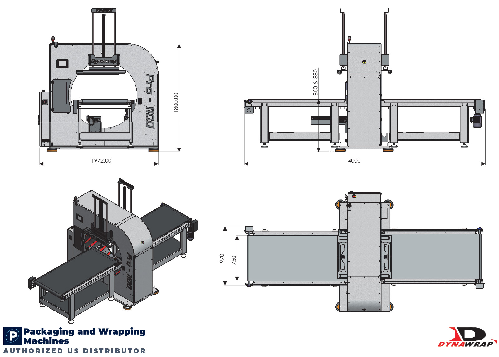Dynawrap Pro 1100 Dimensional Footprint and Facility Layout Blueprint showing 1972mm exterior width and 970mm conveyor table