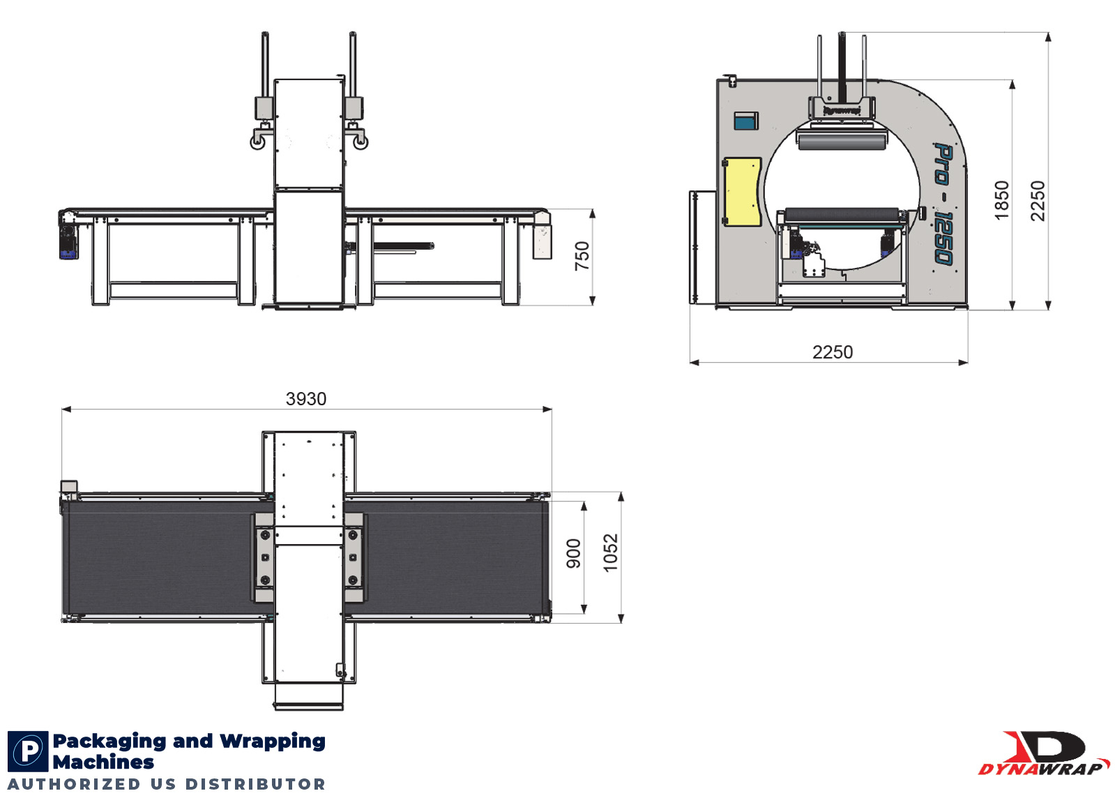 Dynawrap Pro 1250 Dimensional Footprint and Facility Layout Blueprint showing 1052mm conveyor table width and 3930mm structural length
