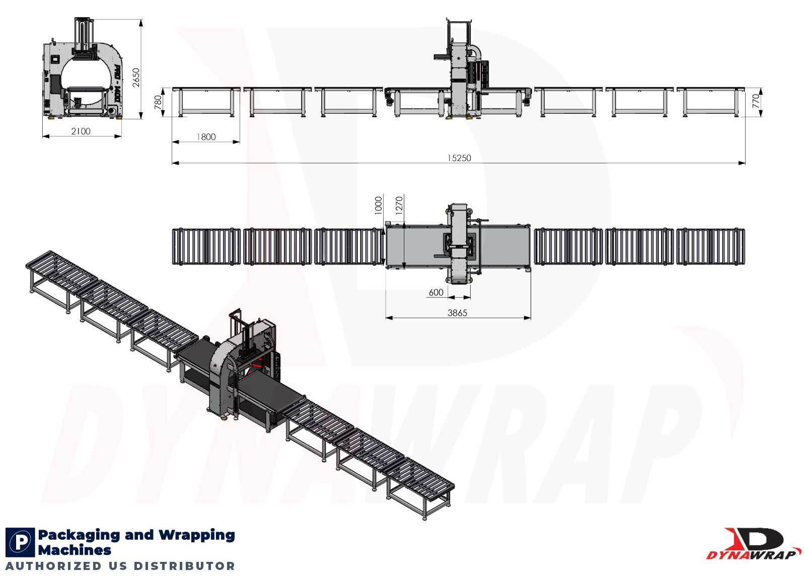 Dynawrap Pro 1400 Orbital Wrapping Machine Dimensional Footprint showing an extended 15.2 meter line with 1000mm wide conveyors and manual roller tables
