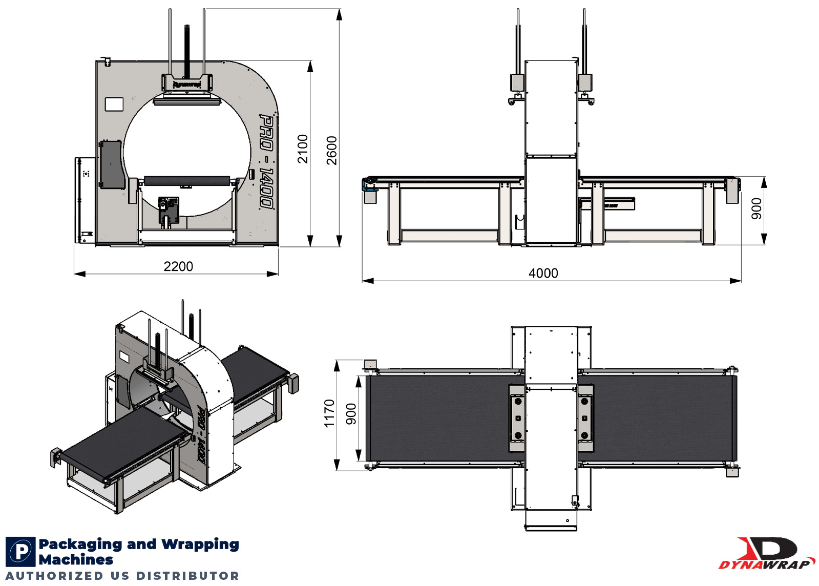 Dynawrap Pro 1400 Orbital Wrapping Machine Dimensional Footprint showing 4000mm total length and standard 900mm motorized belt conveyors