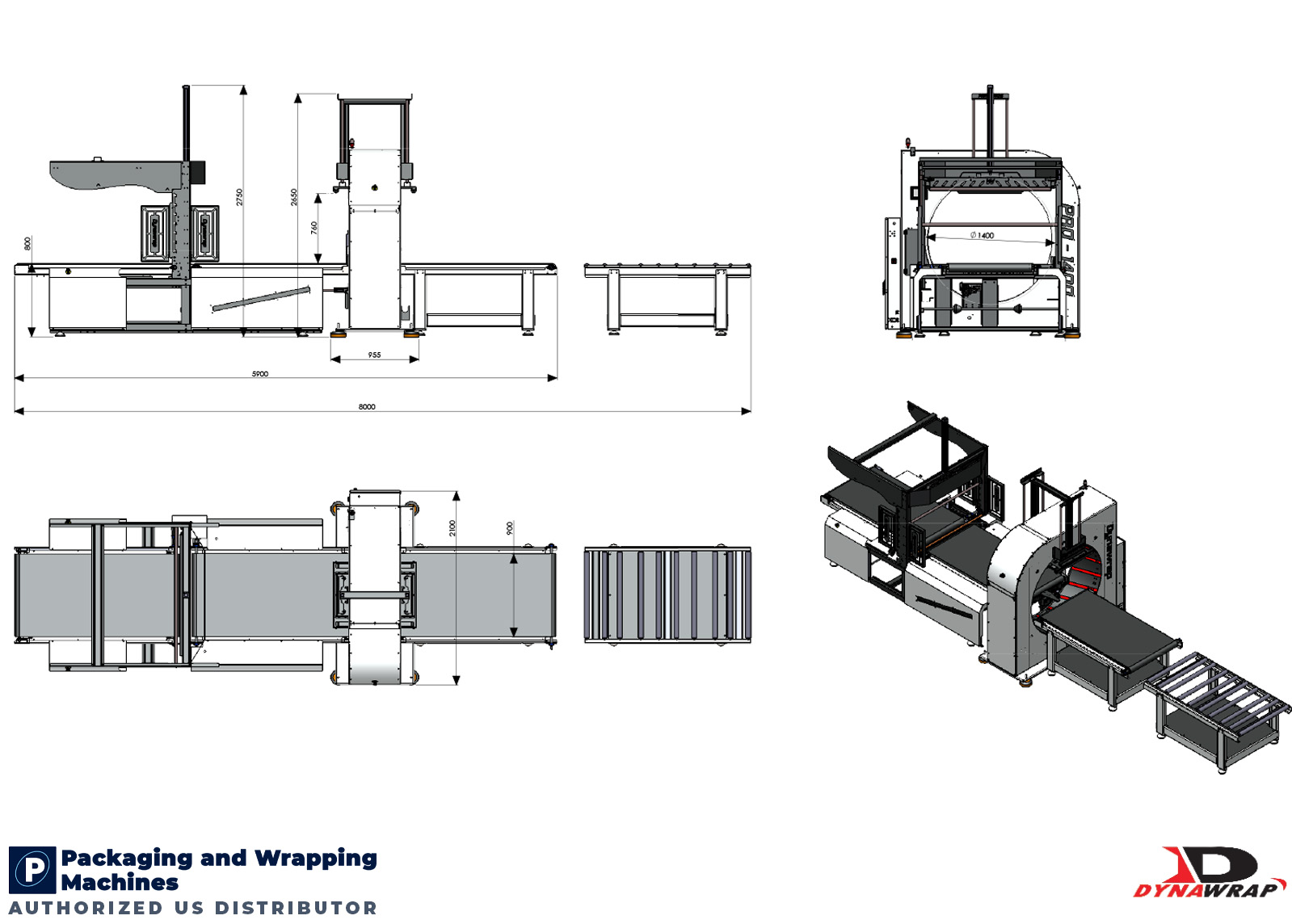 Dynawrap Pro 1400W Hybrid Wrapping Machine Dimensional Footprint showing 8000mm total length and extended roller conveyors