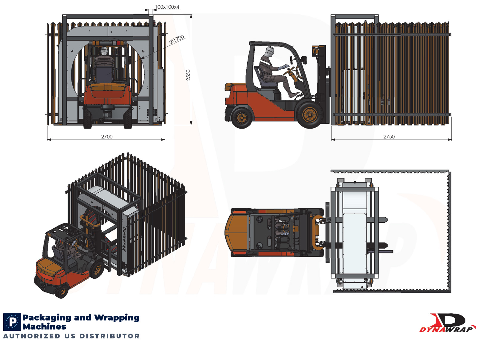 Dynawrap Pro 1700 Forklift Loading Configuration Blueprint showing 2700mm safety cell width and 100mm heavy wall impact guarding