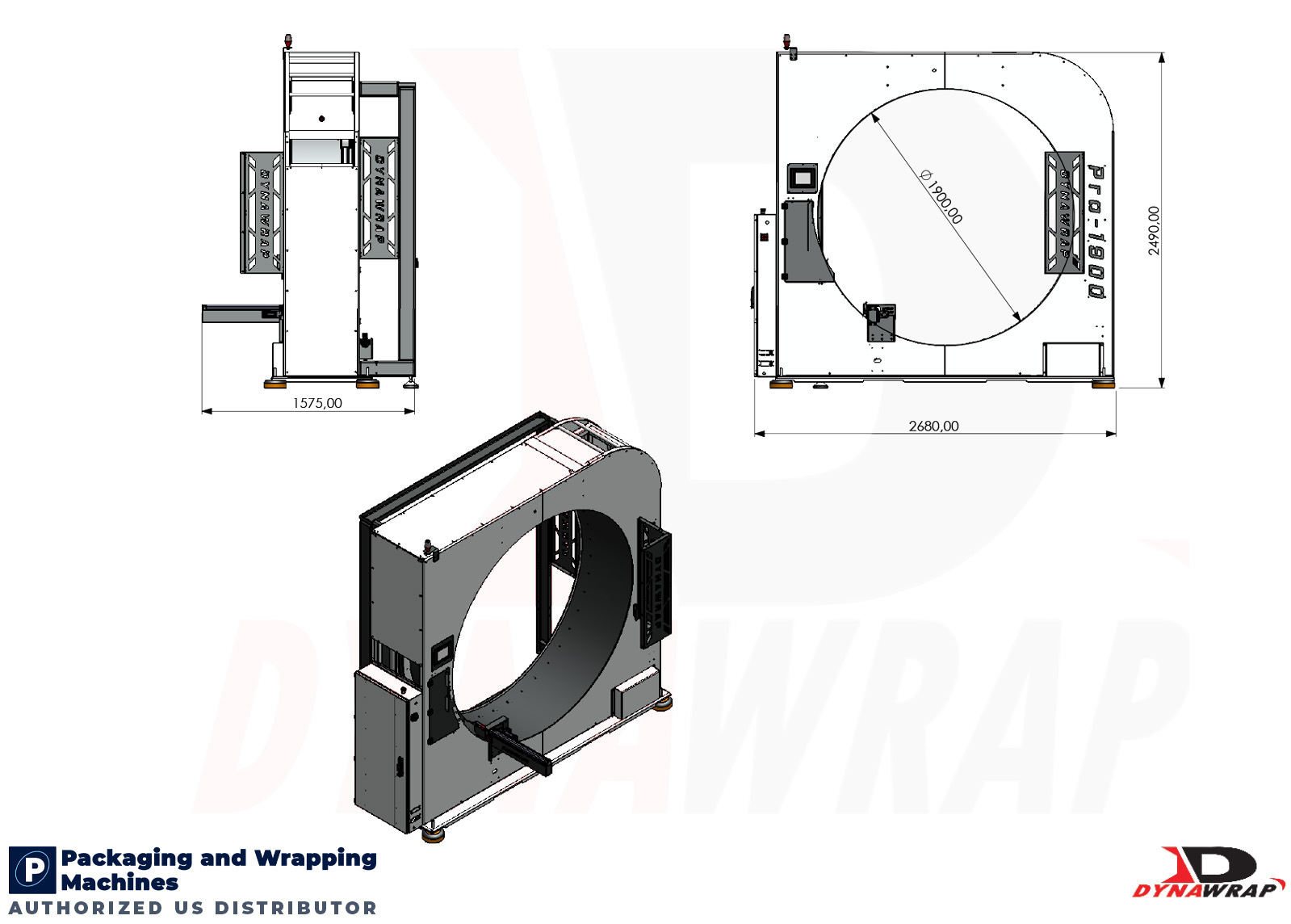 Dynawrap Pro 1900 Dimensional Footprint and Facility Layout Blueprint showing 2680mm exterior width and 2490mm height