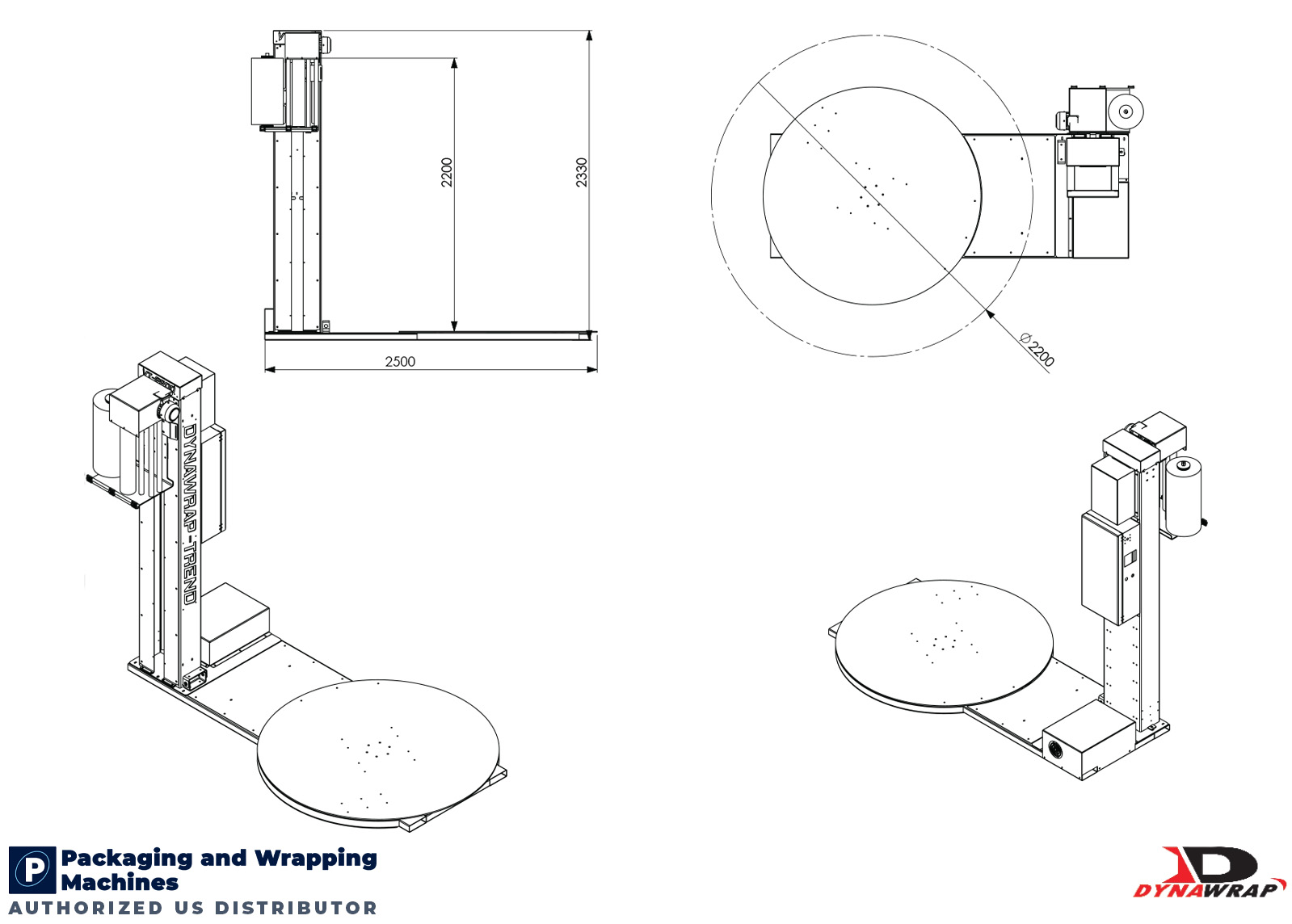 Dynawrap Trend Vertical Turntable Stretch Wrapper Footprint Blueprint showing 2500mm machine depth and 2330mm total height